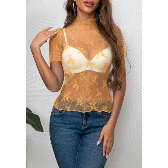 🆕Women’s Yellow Mesh Sheer Top Long Sleeve Mock Neck Lace Floral Blouse - Picture 3 of 6